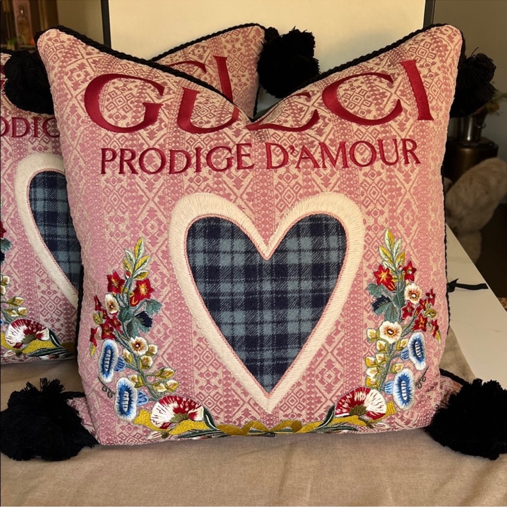Gucci Pink Heart Embroidered Pillow (one )